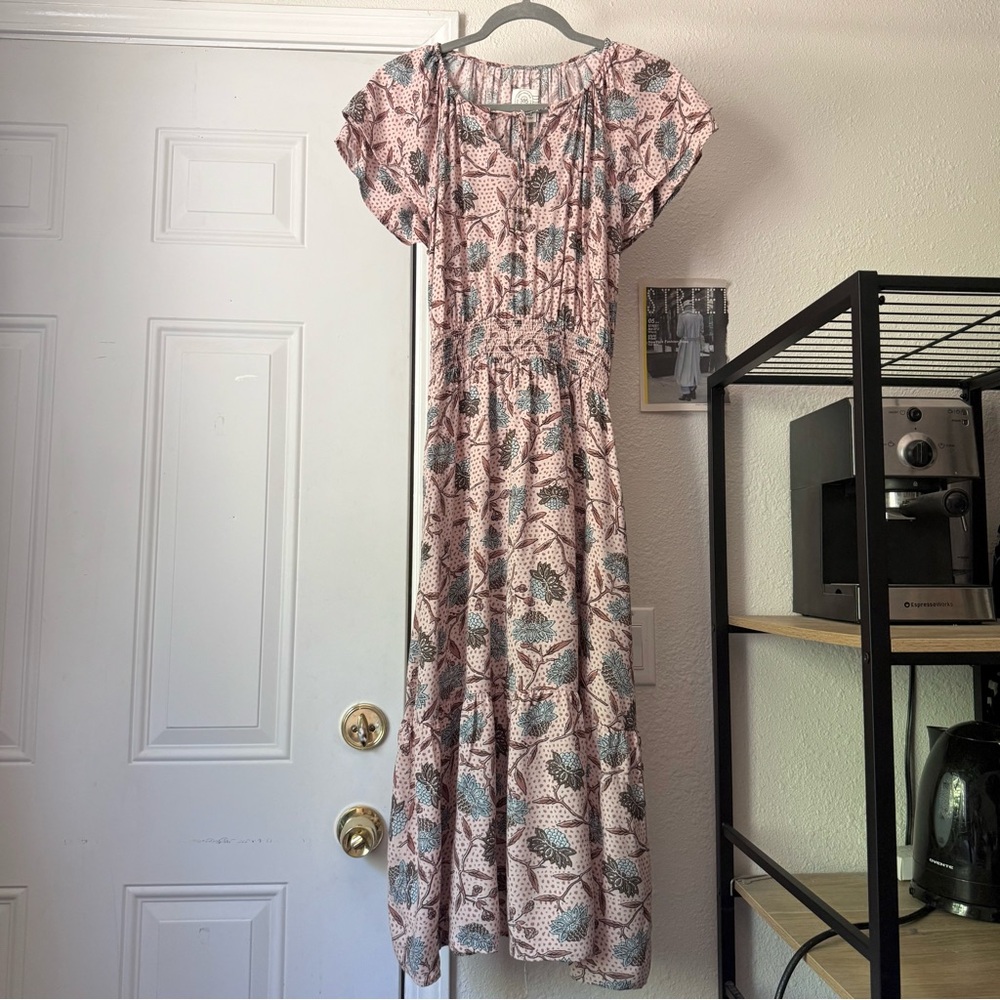 365 pink viscose floral short sleeve ruffle smocked waist midi dress